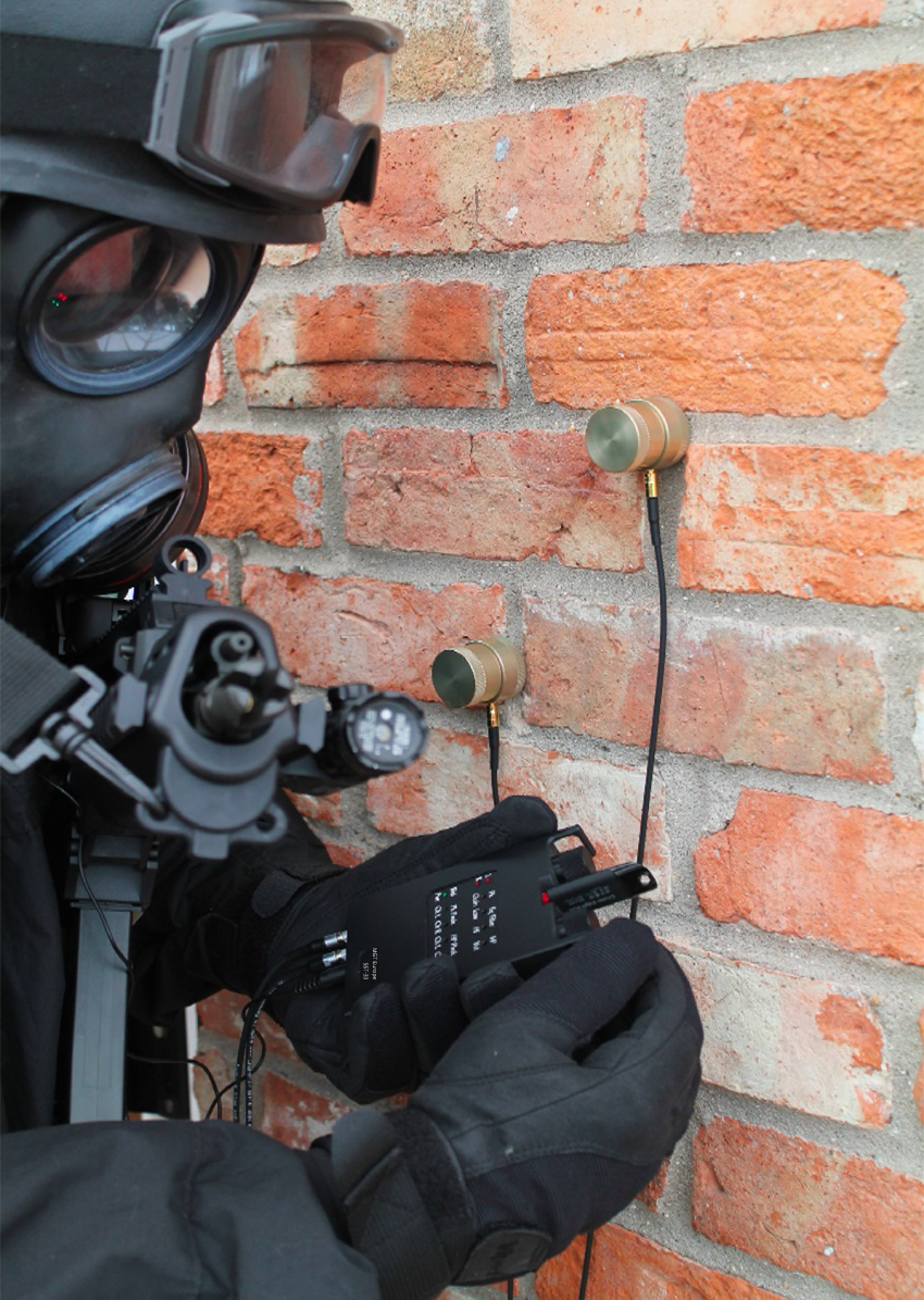 MGT SST-33 stereo digital recordable stethoscope in use with contact sensors on a wall